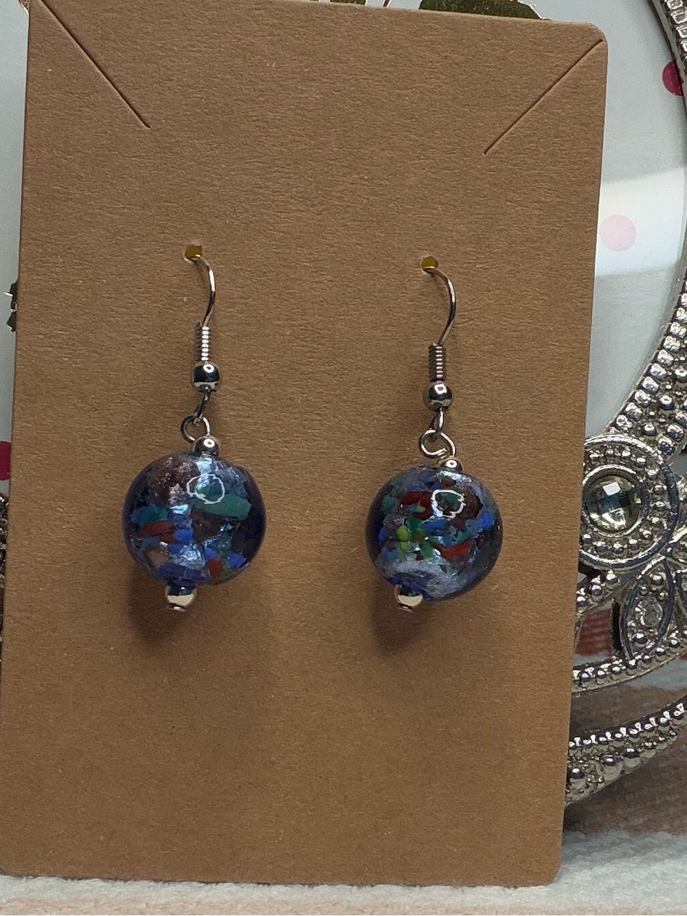 Artisan Cobalt Blue Foil Lampwork Art Glass Drop Earrings Celestial Dainty